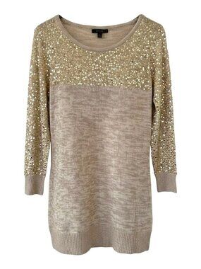 NWT Cupio Tan and Gold Sequins Sparkle Knit Long Sleeve Sweater S